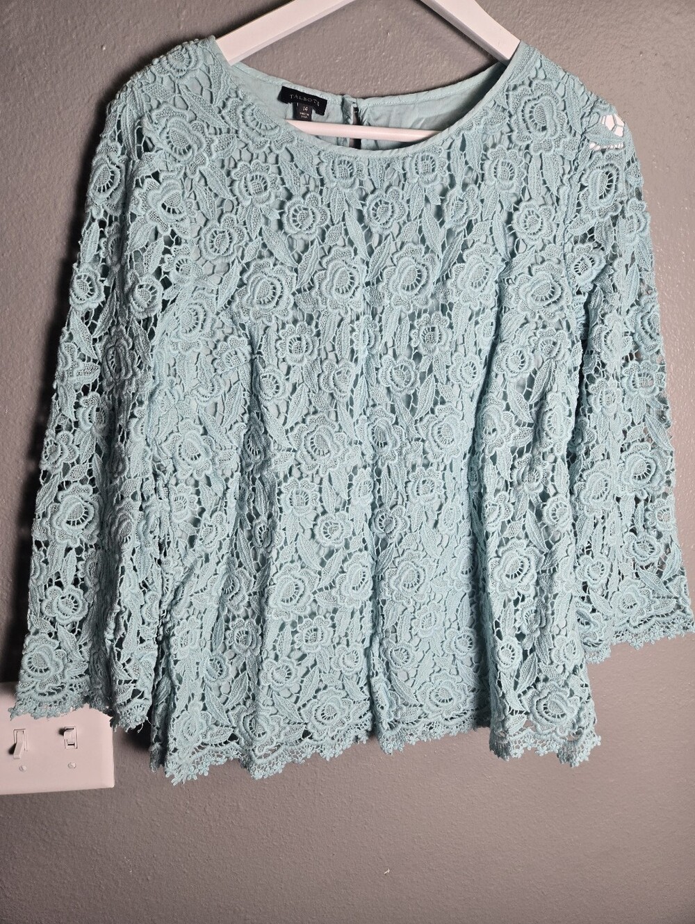 Talbots Light Aqua Floral Lace Top Size 14